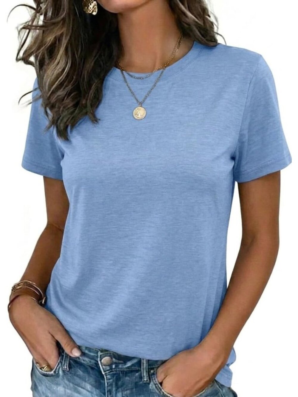 Women's Light Blue Short Sleeve Crew Neck Casual Basic Imported Tee Shirts